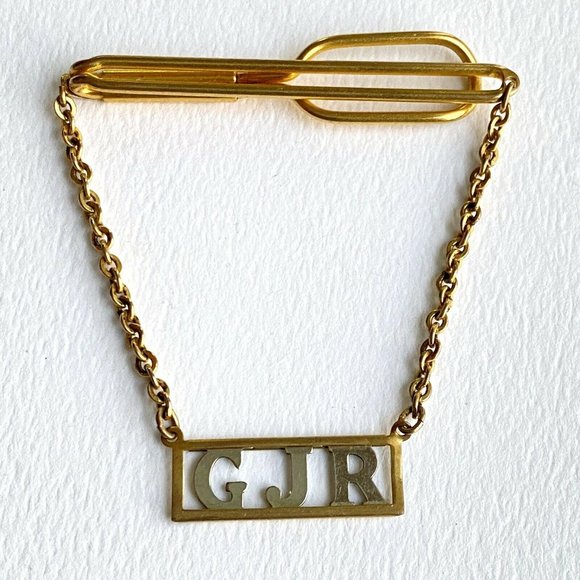 SWANK Monogram GJR Initials Name Letter Gold Tone Vintage Pendant Tie Bar Clip - Picture 1 of 7